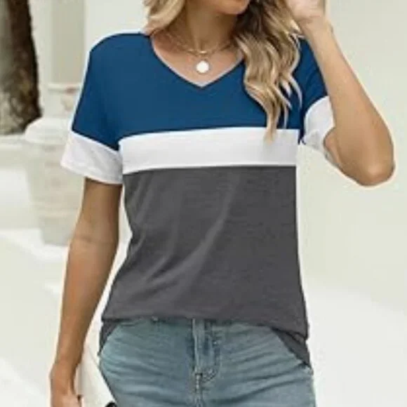 3/$20 EUC Minetom Women's Color Block Short Sleeve V-Neck Soft Tee Shirt Large - Picture 10 of 12